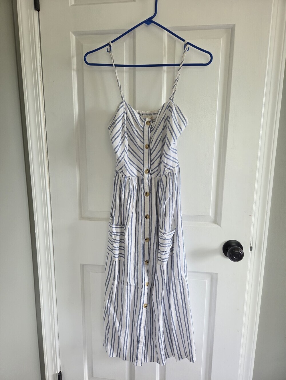 Altar'd State linen blend blue white stripe button down midi dress with pockets